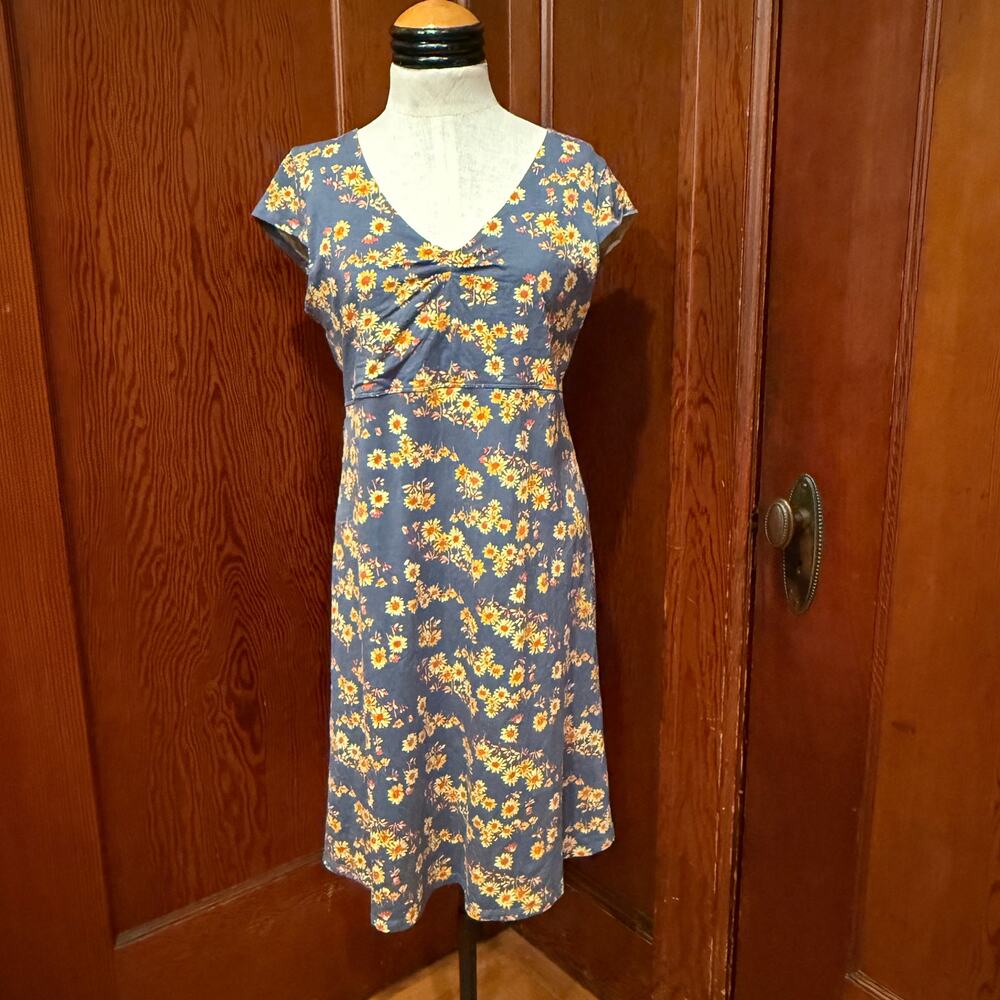 Toad&Co Rosemarie Dress L Blue Yellow Floral Organic Cotton Tencel Summer Boho